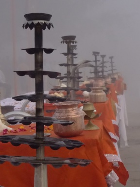 A misty morning for Arti on the ghats at Varanasi